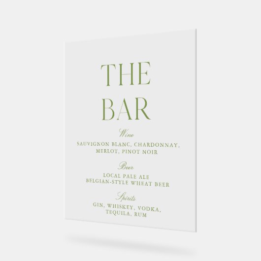 Élégant Sage Vert Acrylique Mariage Bar Menu Signe (Angle)