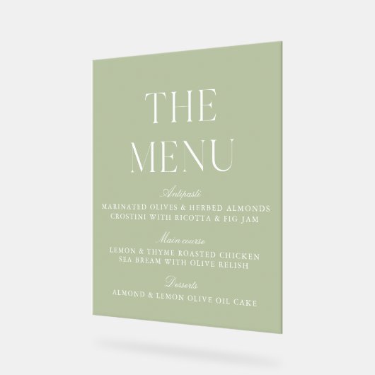 Élégant Sage Vert Acrylique Mariage Menu Signe (Angle)