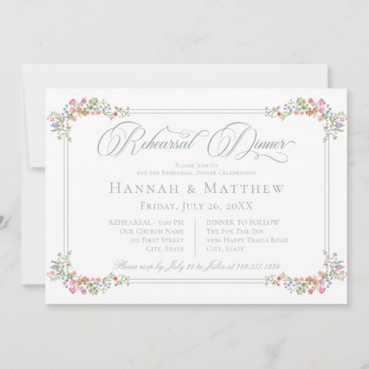 Elegant Sage Wildflower Crest Wedding Rehearsal Kaart (Voorkant)