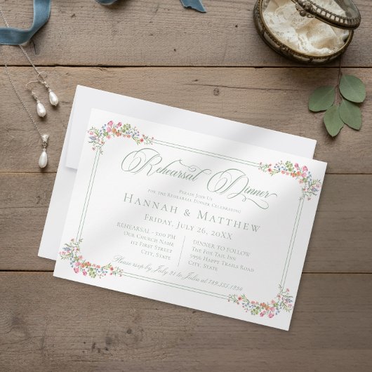 Elegant Sage Wildflower Crest Wedding Rehearsal Kaart