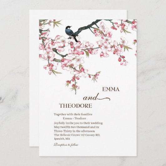 Élégant Sakura rose Faire-part de mariage japonais (Devant / Derrière)