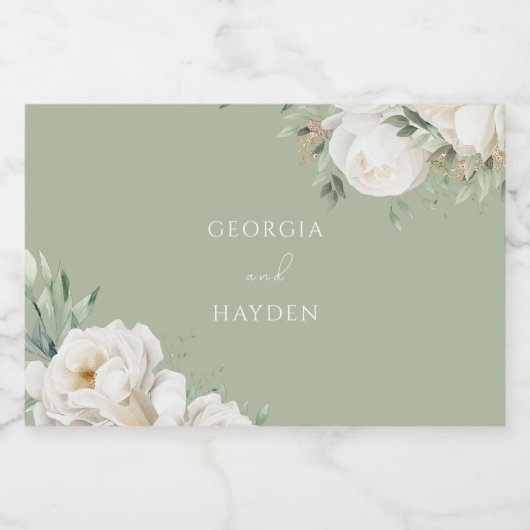 Elegant Salie Blad & Wit Bloemen Bruiloft Sparkling Wijnetiket (Enkel label)