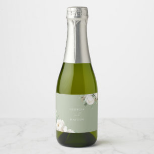 Elegant Salie Blad & Wit Bloemen Bruiloft Sparkling Wijnetiket