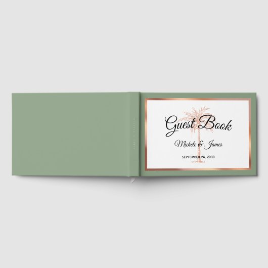 Elegant Salie Groen Roos Gouden Palm Bruiloft Gastenboek (Volledig)
