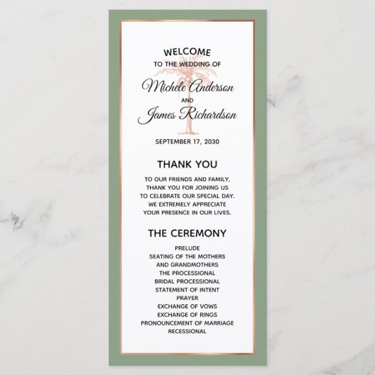 Elegant Salie Roos Goud Koper Palmboom Bruiloft Programma (Voorkant)