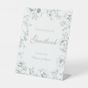 Elegant Saliegroen Bloem Bruiloft Gastboek Reclamebord Met Voetstuk