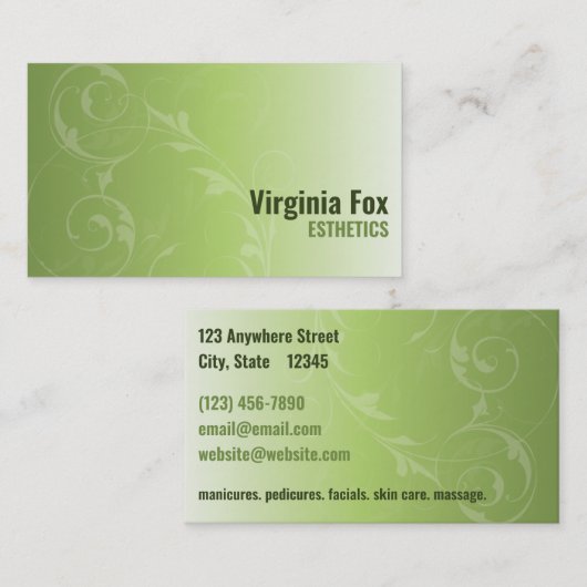 Elégant salon vert doux ou Carte de visite Spa (Devant / Derrière)