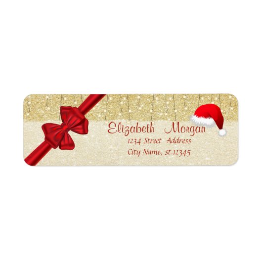 Elegant, Santa Hat, Red Bow, Gold Glittery Etiket (Voorkant)