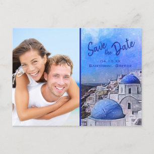 Elegant Santorini Greece Waterverf Foto Weddenscha Aankondigingskaart