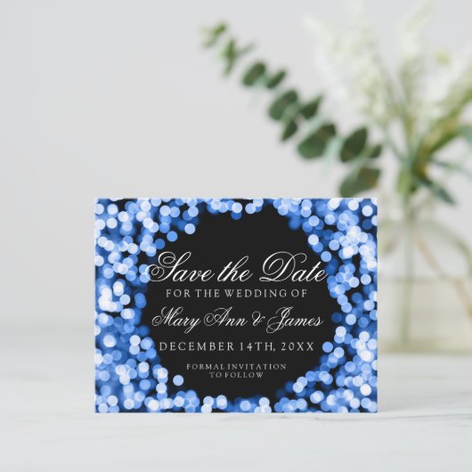 Elegant Save the Date Blue Sparkly Lights Aankondigingskaart (Staand voorkant)