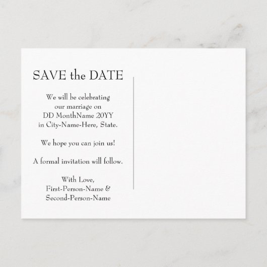 Elegant "SAVE the DATE" Briefkaart (Achterkant)