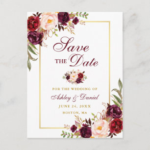 Elegant Save the Date Burgundy Floral Gold Aankondigingskaart