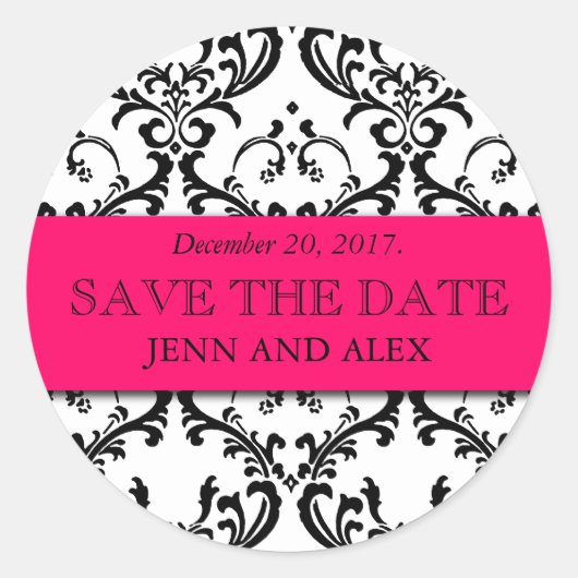 Elegant Save the Date Damask Stickers Hot Pink (Voorkant)