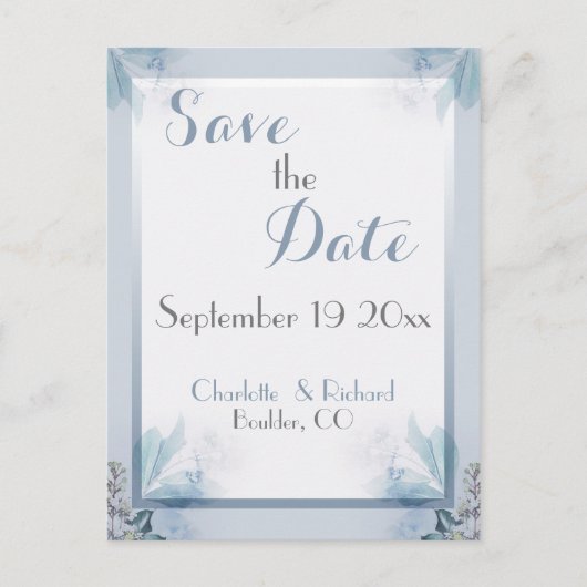Elegant Save the Date Dusty Blue Floral Waterverf Aankondigingskaart (Voorkant)