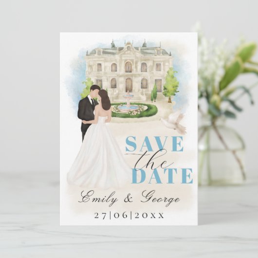 Elegant Save the Date met Bruid en bruidegom locat Kaart (Staand voorkant)