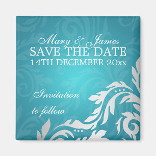 Elegant Save the Date Swirly Flourish Aqua Blue Magneet