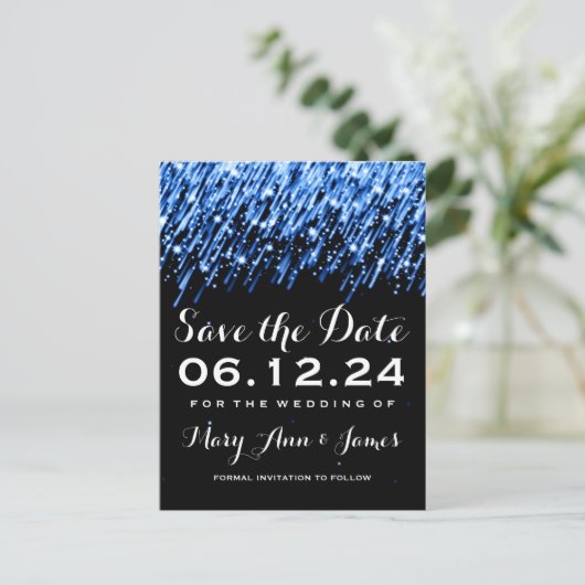Elegant Save the Date Vallende Sterren Saffier Bla Aankondigingskaart (Staand voorkant)