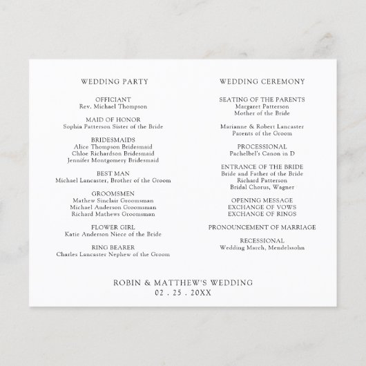 Élégant scénario minimal Mariage, programme (Dos)