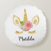 Elegant schattig bloemgoud glitter unicorn rond kussen (Voorkant)