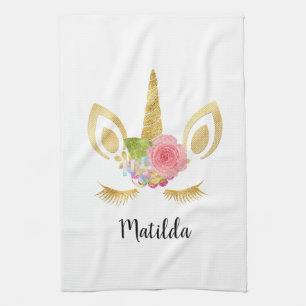 Elegant schattig  bloemgoud glitter unicorn theedoek