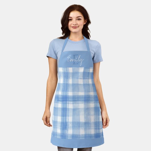 Elegant Schattige Blauw Wit Plaid Monogram Kerst Schort (Gedragen)