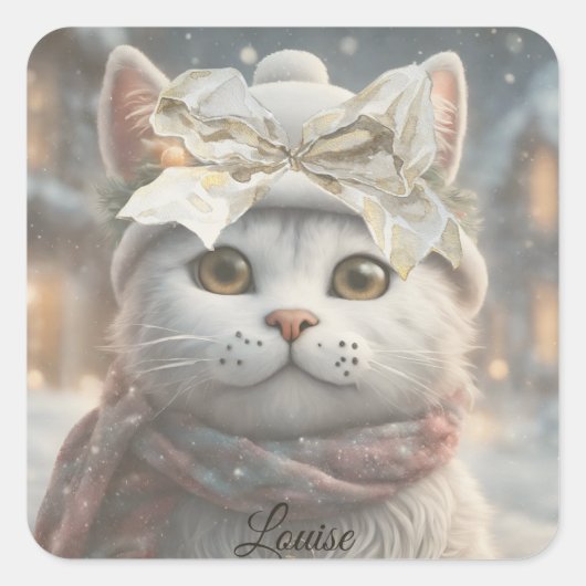 Elegant Schattige Kerst Kat Liefhebber Gift Vierkante Sticker (Voorkant)