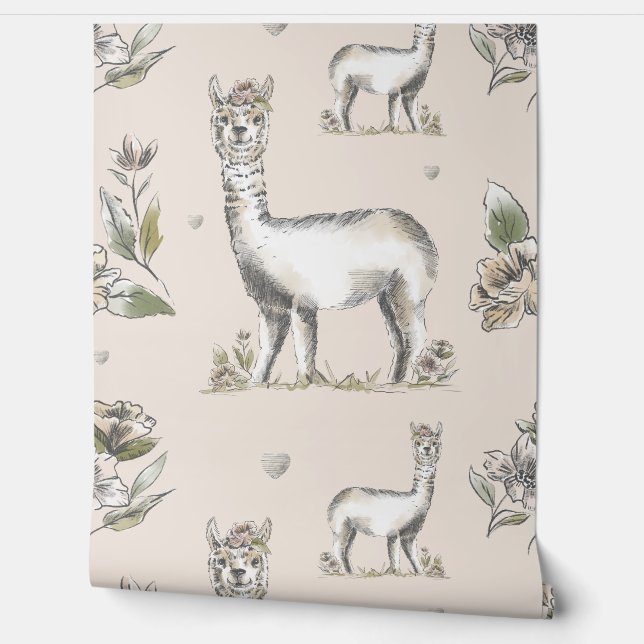 Elegant Schattige Roze Schets Llama Alpaca & Bloem Behang (Afrollen)