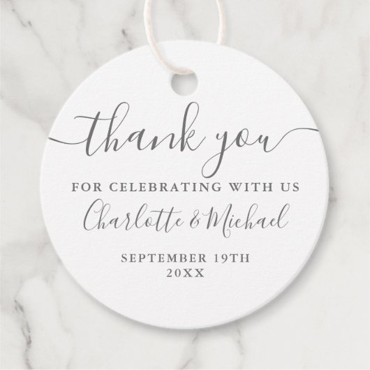 Elegant Schrift Bedankt Grijs En Wit Huwelijk Bedankjes Labels (Voorkant)