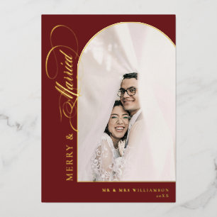 Elegant Schrift Merry & Married Rood Boog Foto Folie Feestdagenkaart