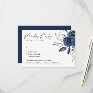 Elegant Schrift Navy Blau Bloem Bruiloft RSVP Kaartje