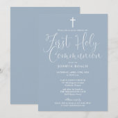 Elegant Schrift Stofblauw Eerste Heilige Communie Kaart (Voorkant / Achterkant)