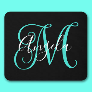 Elegant Schrift Zwart Wit en Turquoise Monogram Muismat