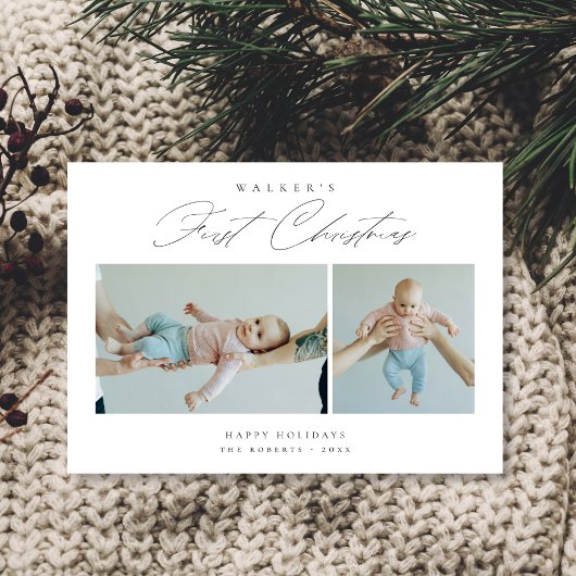 Elegant Scipt Baby's eerste kerst Schattige 2 foto Feestdagenkaart