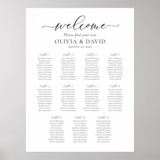 Élégant Script 11 Tables Bienvenue Tableau de sièg (Devant)