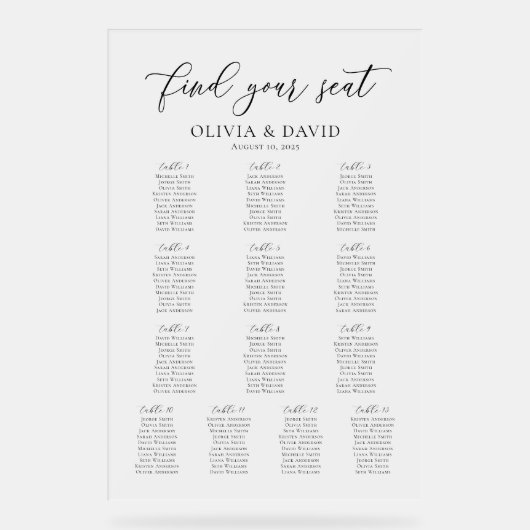 Elegant Script 13 tafel Zitting Grafiek Acryl Teke Acryl Bord (Voorkant)