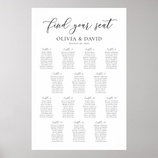 Élégant Script 14 Tables Bienvenue Tableau de sièg (Devant)