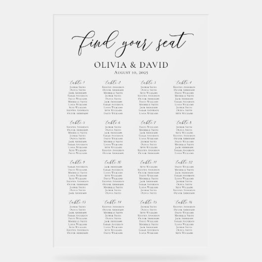 Élégant Script 16 table Seating Chart Symbole acry (Recto)