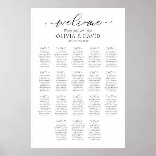 Elegant Script 18 Tables Welcome Seating Chart Poster (Voorkant)