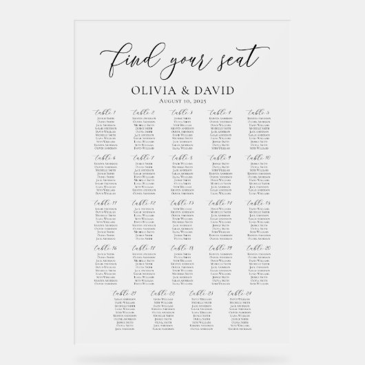 Élégant Script 24 table Seating Chart Symbole acry (Recto)