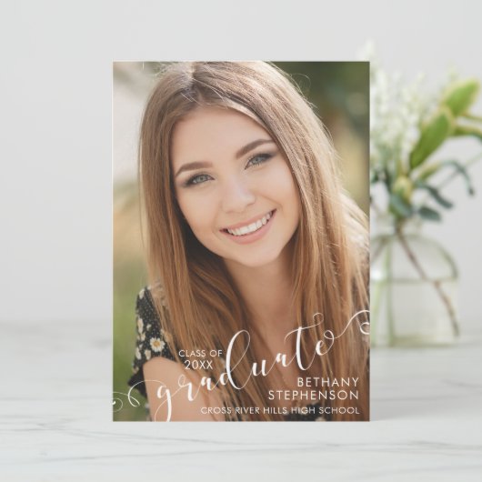 Elegant Script 2 Foto Afstuderen Aankondiging (Staand voorkant)