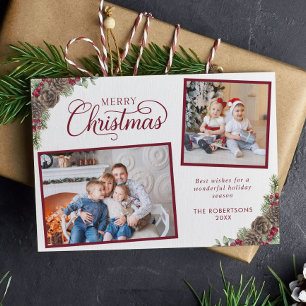 Elegant Script 2 foto dennen kegels vrolijk kerstf Feestdagenkaart