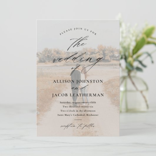 Elegant Script 2 Photo Overlay Wedding Kaart (Staand voorkant)
