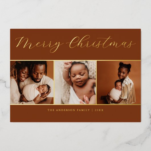 Elegant Script 3 Foto Beige Chocolade Kerstmis Folie Uitnodiging (Voorkant)