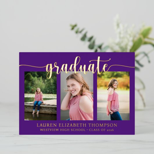 Elegant Script 3 Foto Paars Afstuderen Gold Folie Uitnodiging (Staand Voorkant)