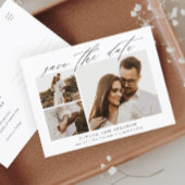 Elegant Script 3 Foto Weddenschap Opslaan Datum Aankondigingskaart