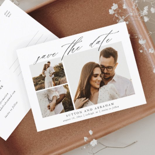Elegant Script 3 Foto Weddenschap Opslaan Datum Aankondigingskaart