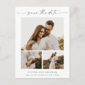 Elegant Script 3 Foto Weddenschap Opslaan Datum Aankondigingskaart (Voorkant)
