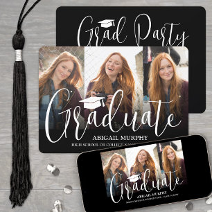 Elegant Script & 3 Fotocollage Graduation Party Kaart