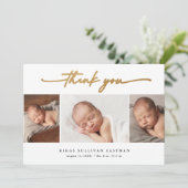 Elegant Script 3 Photo Collage Baby Bedankkaart (Staand voorkant)
