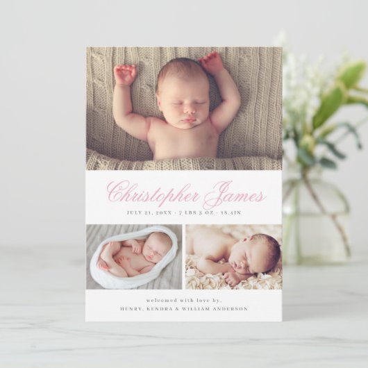 Élégant Script 3 Photo Collage Faire-part de naiss (Debout devant)